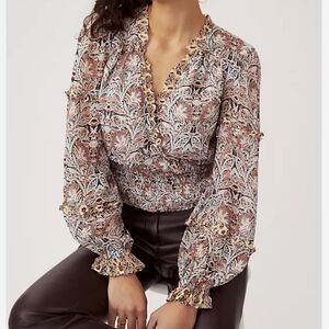 By Anthropologie XL Ruffle Wrap Smock Hem Paisley Blouse Top Boho Poet Romantic